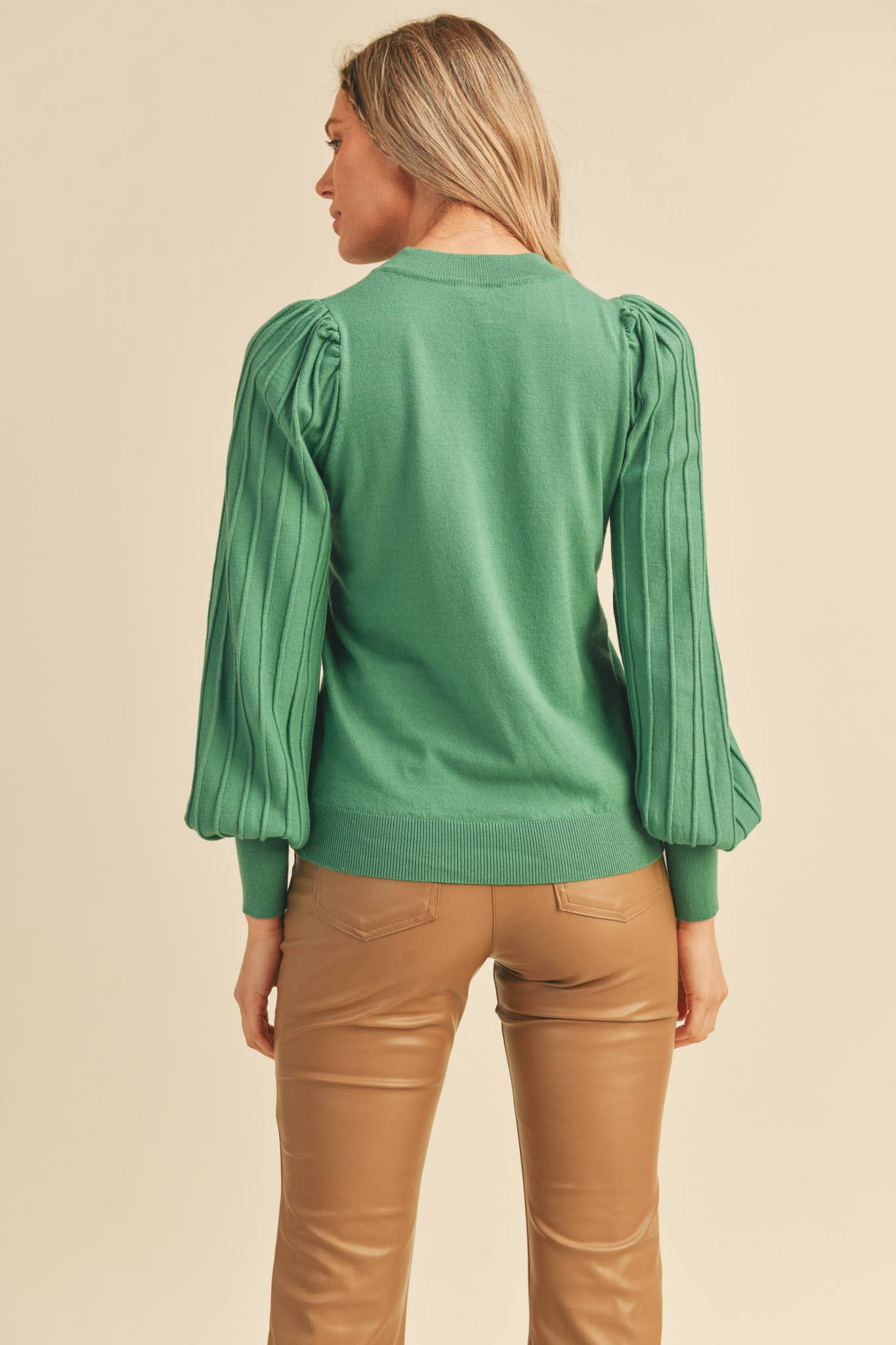 &MERCI - STRIPE TEXTURE PUFF SLEEVE SWEATER MSW9485: ROSEMARY GREEN / S