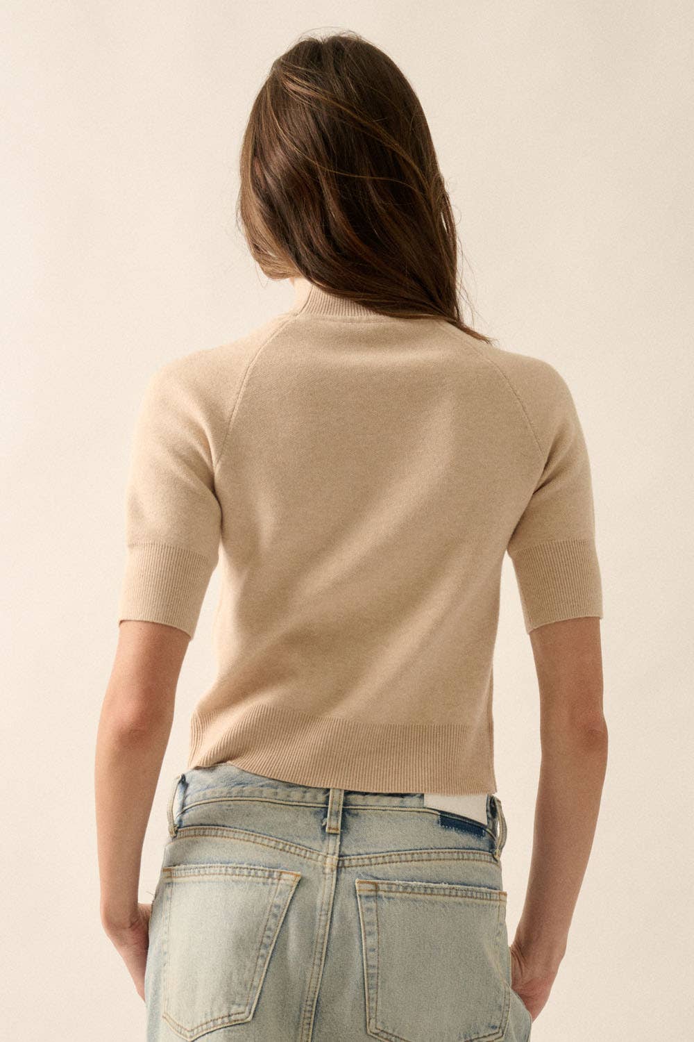 Promesa USA - Solid Knit Cropped Mock-Neck Short-Sleeve Sweater: Oatmeal / L