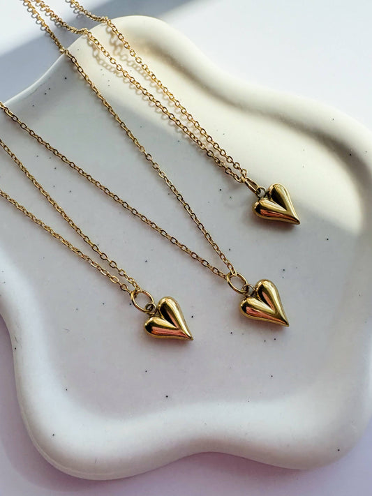 GeoMetricGem - Puffy Heart Necklace ~ Gold Plated Stainless Steel