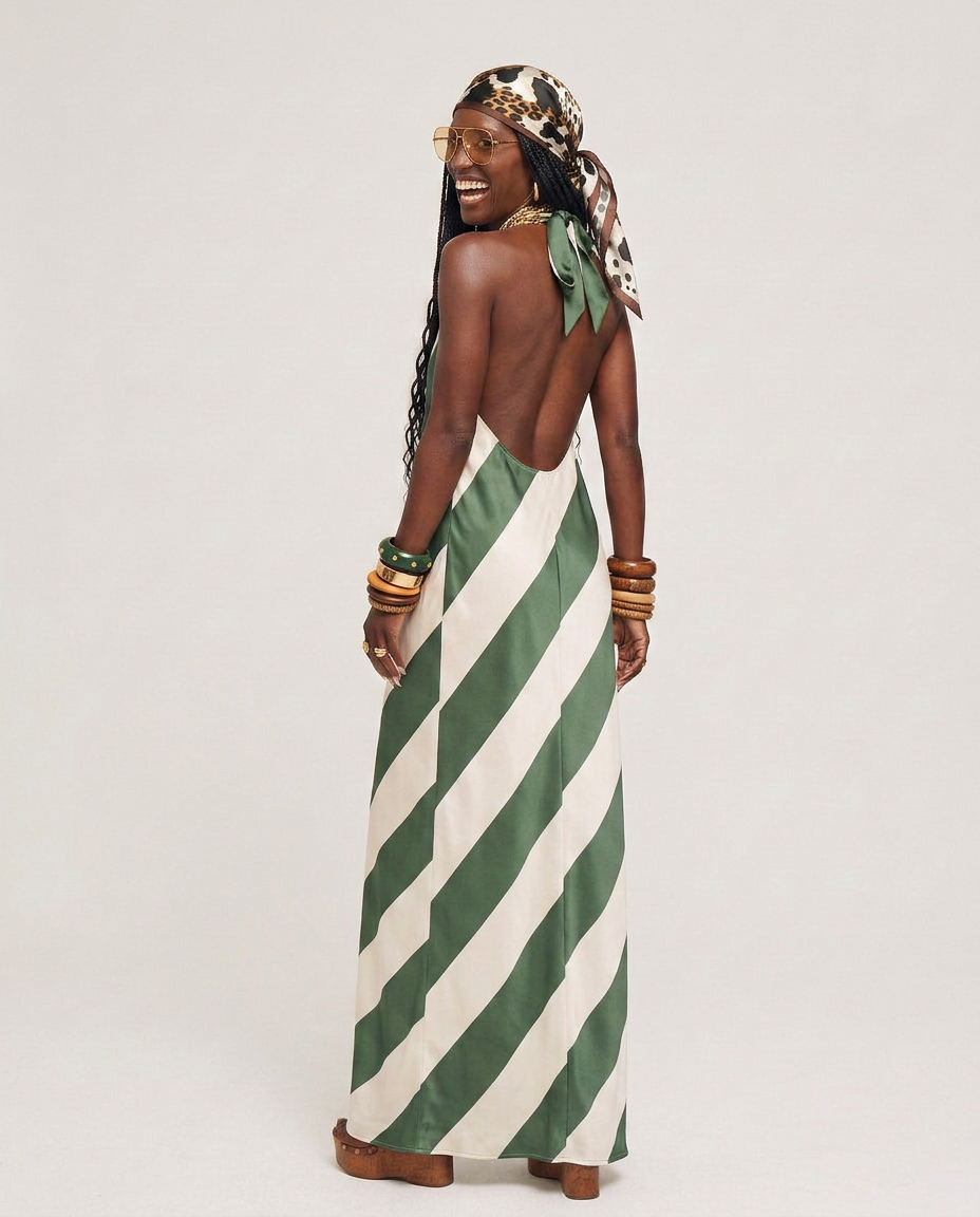 Boho Brown - Liberated Striped Halter Maxi Dress: Green / XS