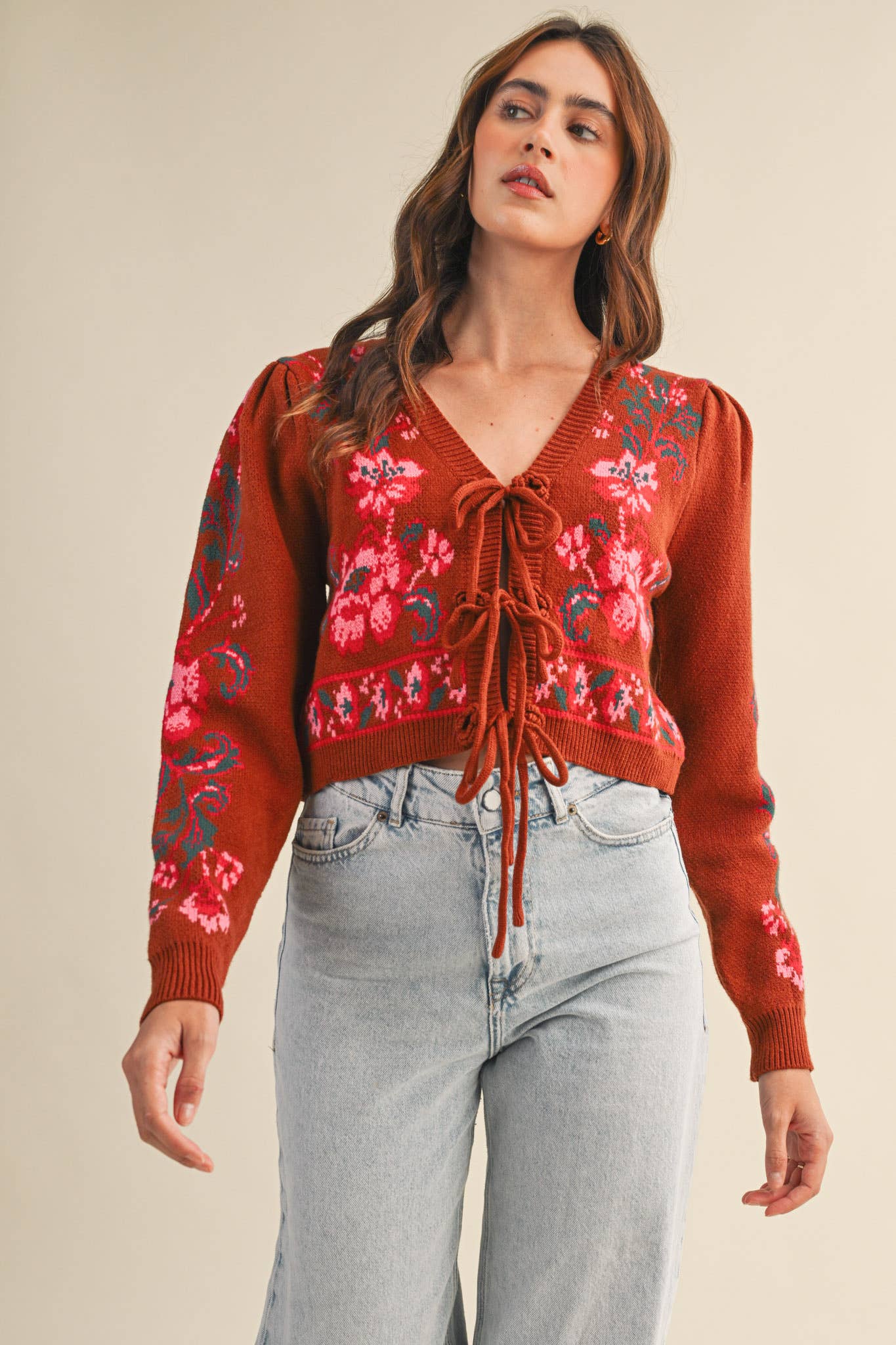 &MERCI - FLORAL KNIT TIE-FRONT CROPPED SWEATER CARDIGAN MSW11133: Brick Red Floral / L