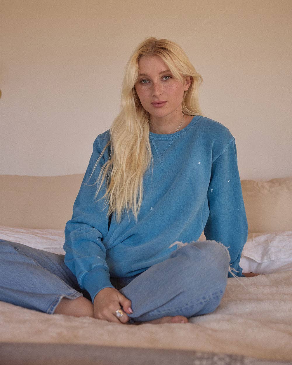 US Blanks - L/Sleeve Pullover Crew - French Terry Garment dye & Splatter: Fjord Blue / L