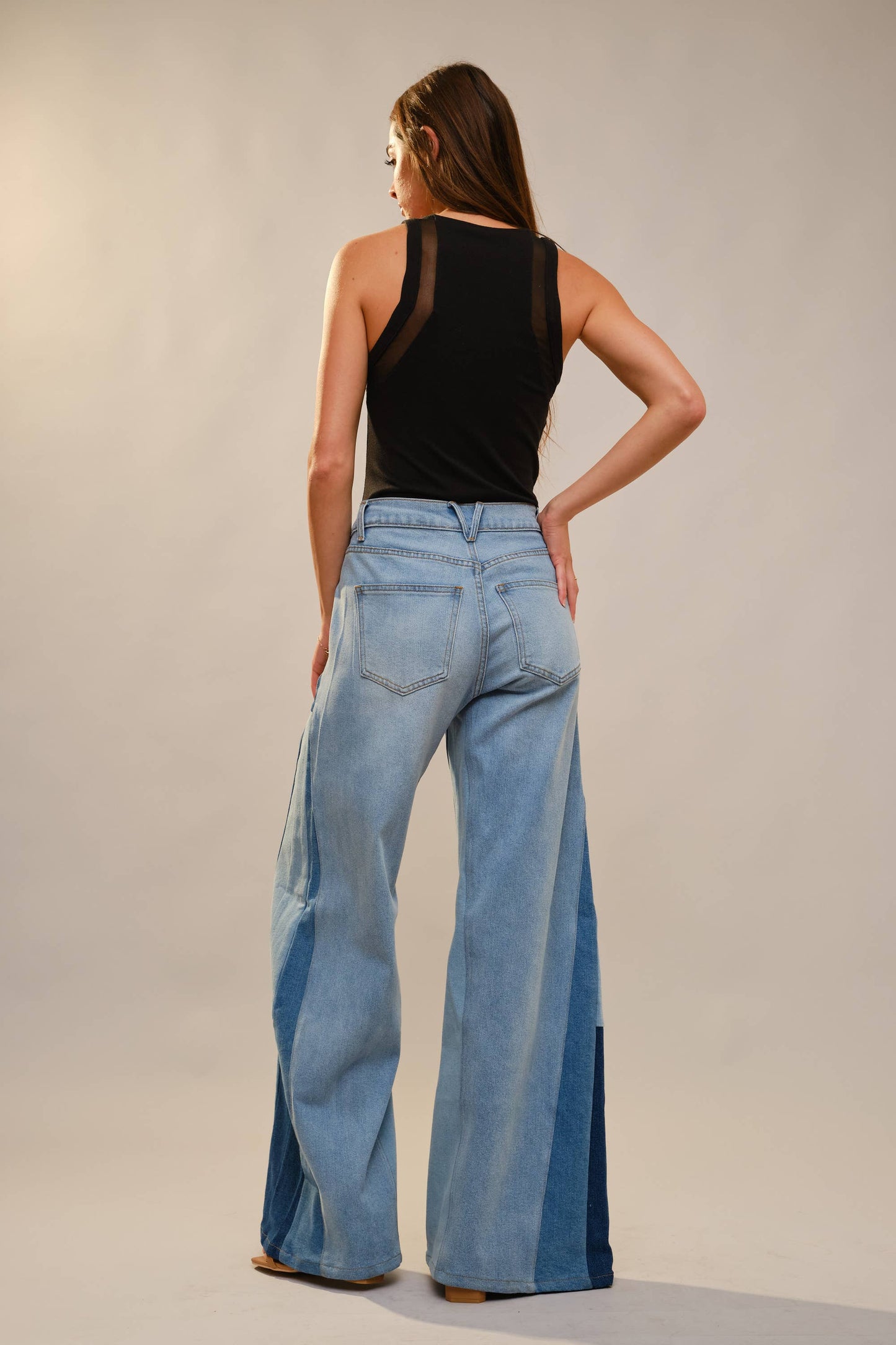 Blue B - 91673P - High Rise Super Wide Leg Color Block Jeans: MEDIUM WASH / S-M-L (2-2-2)