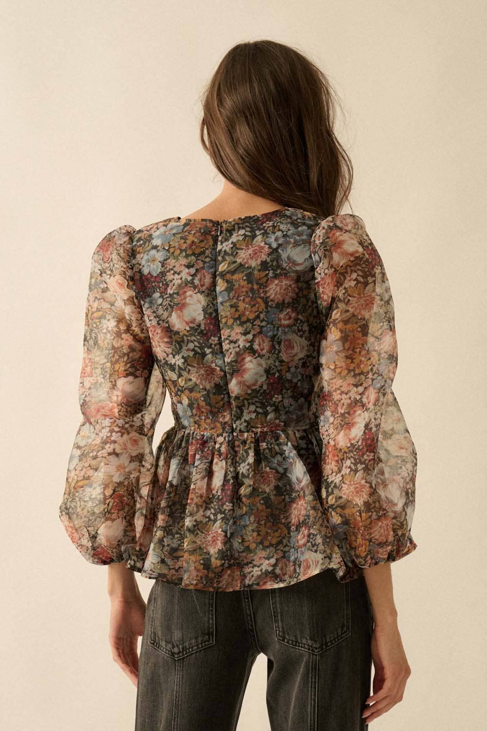 Promesa USA - Floral-Print Organza Puff-Sleeve Peplum Top: BLACK / L