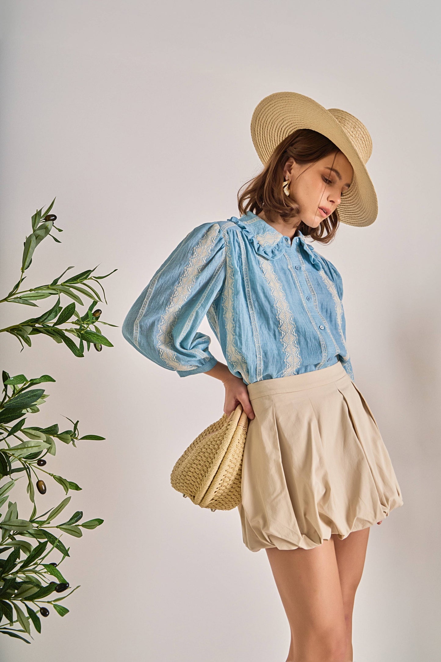 English Factory - Embroidered Ruffle Collar Blouse: POWDER BLUE/NATURAL / S