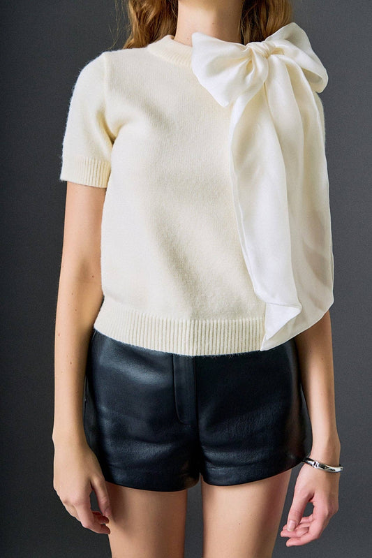 English Factory - Bow Accent Puff Sleeve Knit Top: CREAM / S