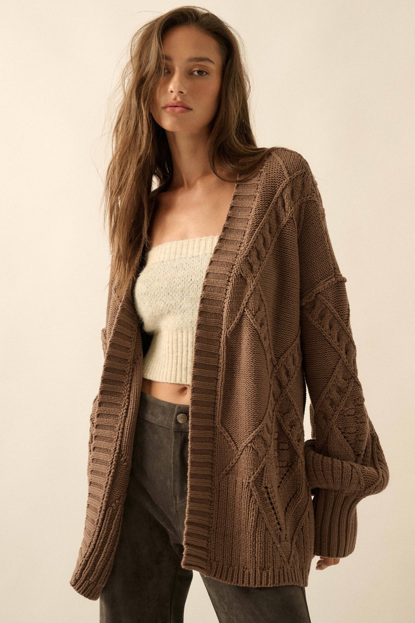 Promesa USA - Cable-Knit Oversize Balloon-Sleeve Cardigan: Cream / S