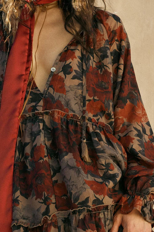 Promesa USA - Floral-Print Tiered Ruffle Long-Sleeve Midi Dress: SAND / L