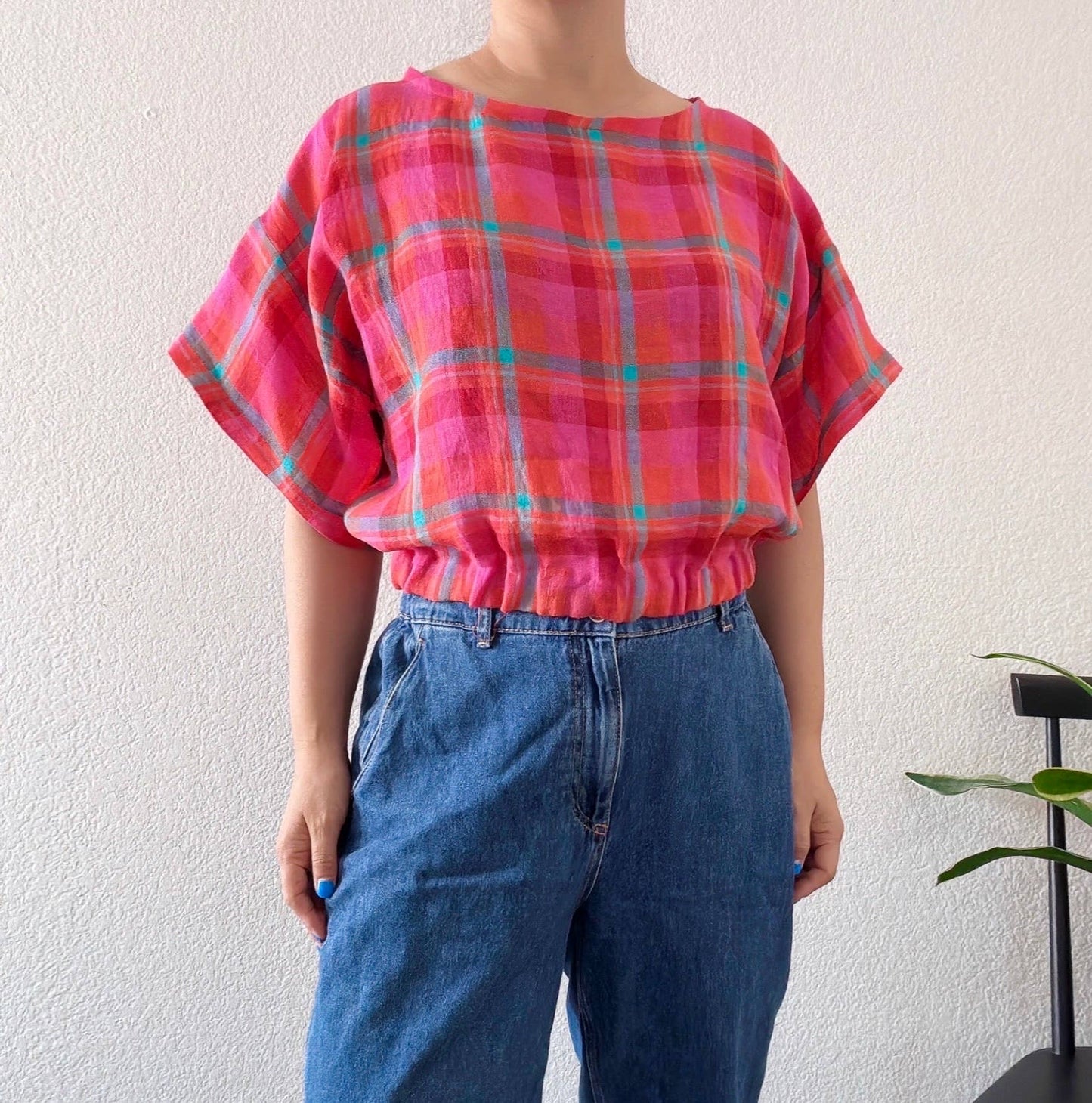 Joolee - Pink check linen top: M