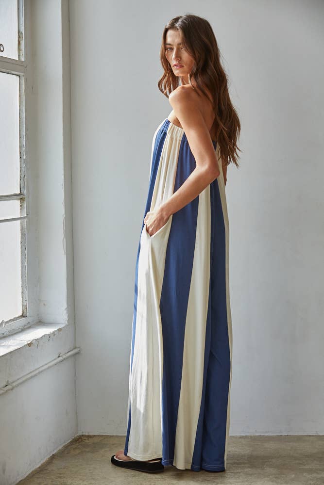 By Together - L9308 | Knit Viscose Spandex Striped Tube Wide Leg Jumpsuit: Black Cream / M