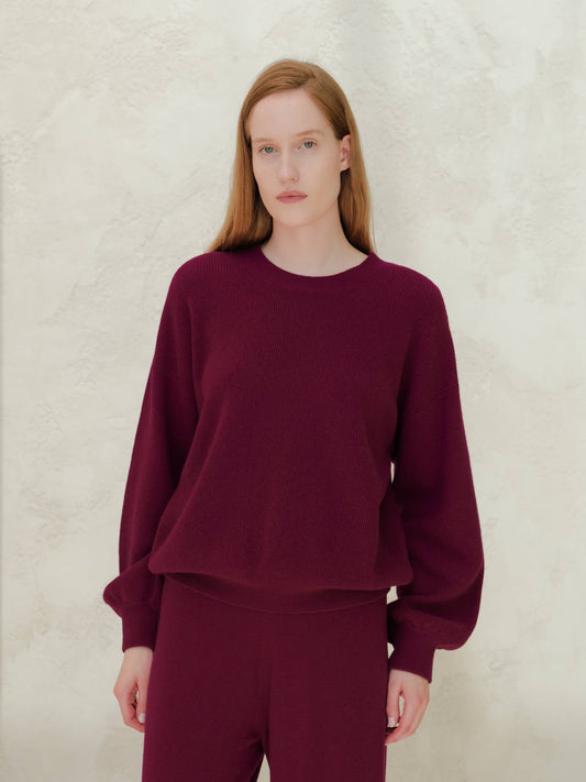 Lèmme - Ribbed crewneck sweater in cashmere blend with balloon sleeves: Ceruleo / M