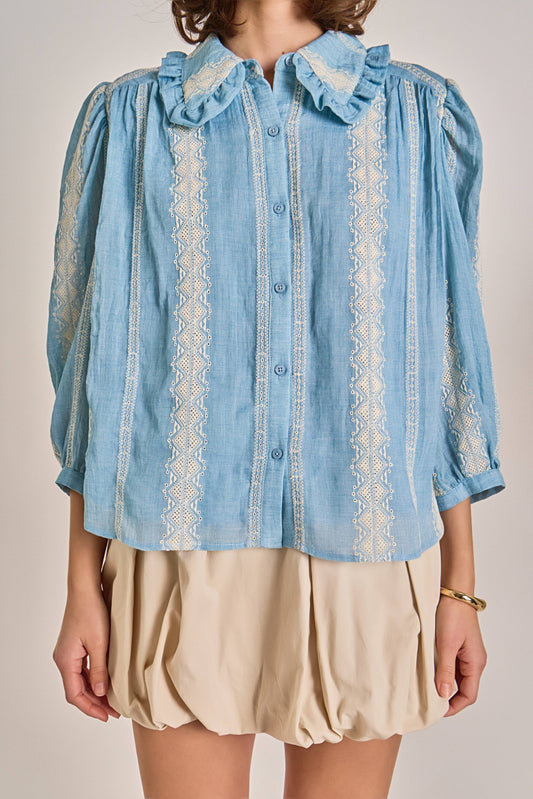 English Factory - Embroidered Ruffle Collar Blouse: POWDER BLUE/NATURAL / S