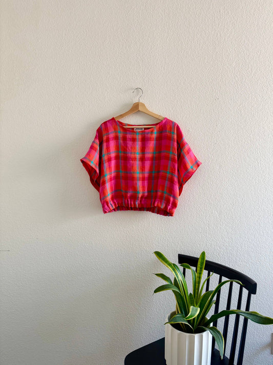 Joolee - Pink check linen top: M