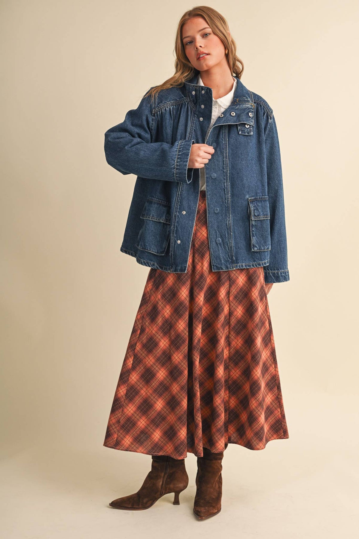 &MERCI - DENIM STAND COLLAR UTILITY JACKET MJK5157: DARK VINTAGE BLUE / S