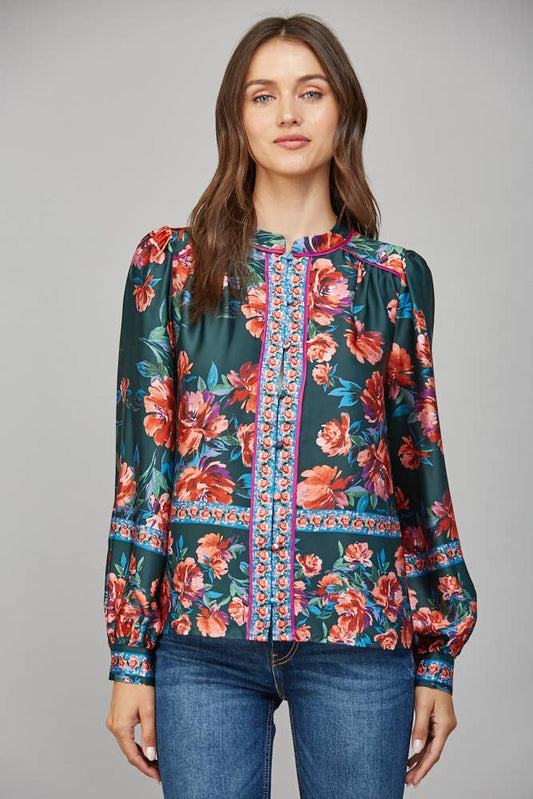 FATE - FRONT BUTTON CLOSURE LONG SLEEVE PRINT BLOUSE FT22255
: DEEP GREEN MULTI / M
