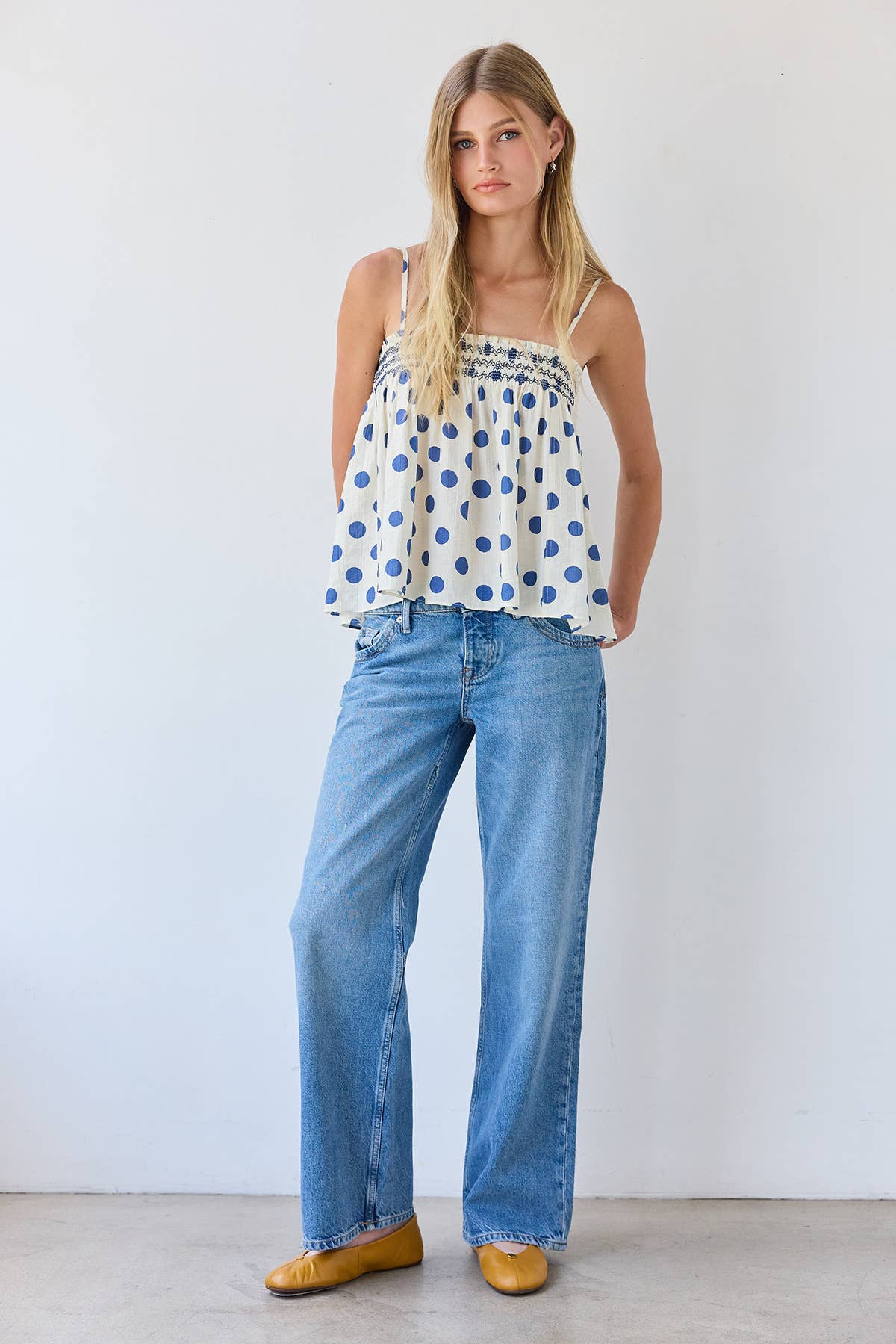 RAISONNEL - Polka Dot Smocked Cami Top - RT1308: POLKA DOT / S-M-L (3-2-1)