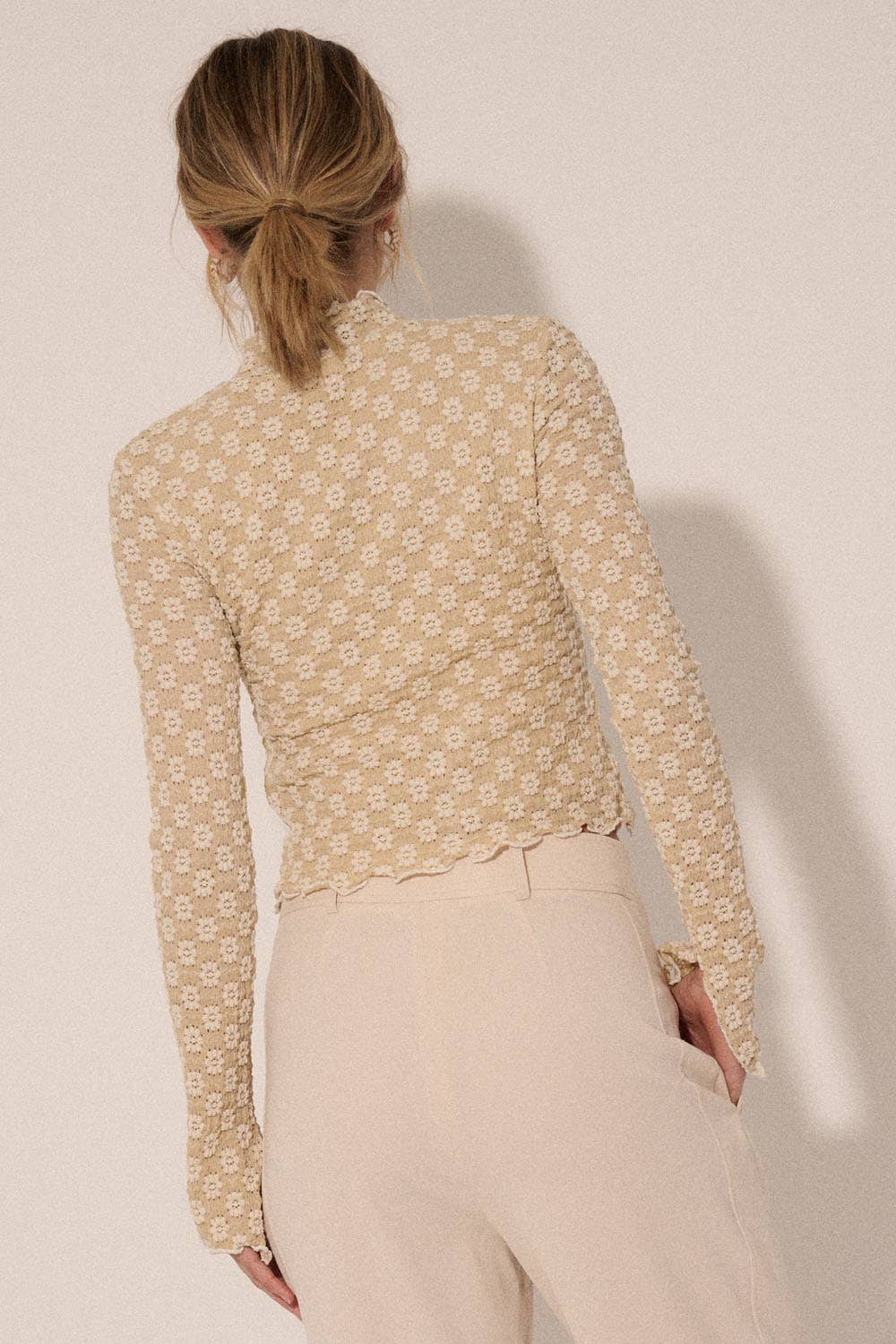 Promesa USA - Textured Floral Lace Cropped Mock Neck Top: Black / M