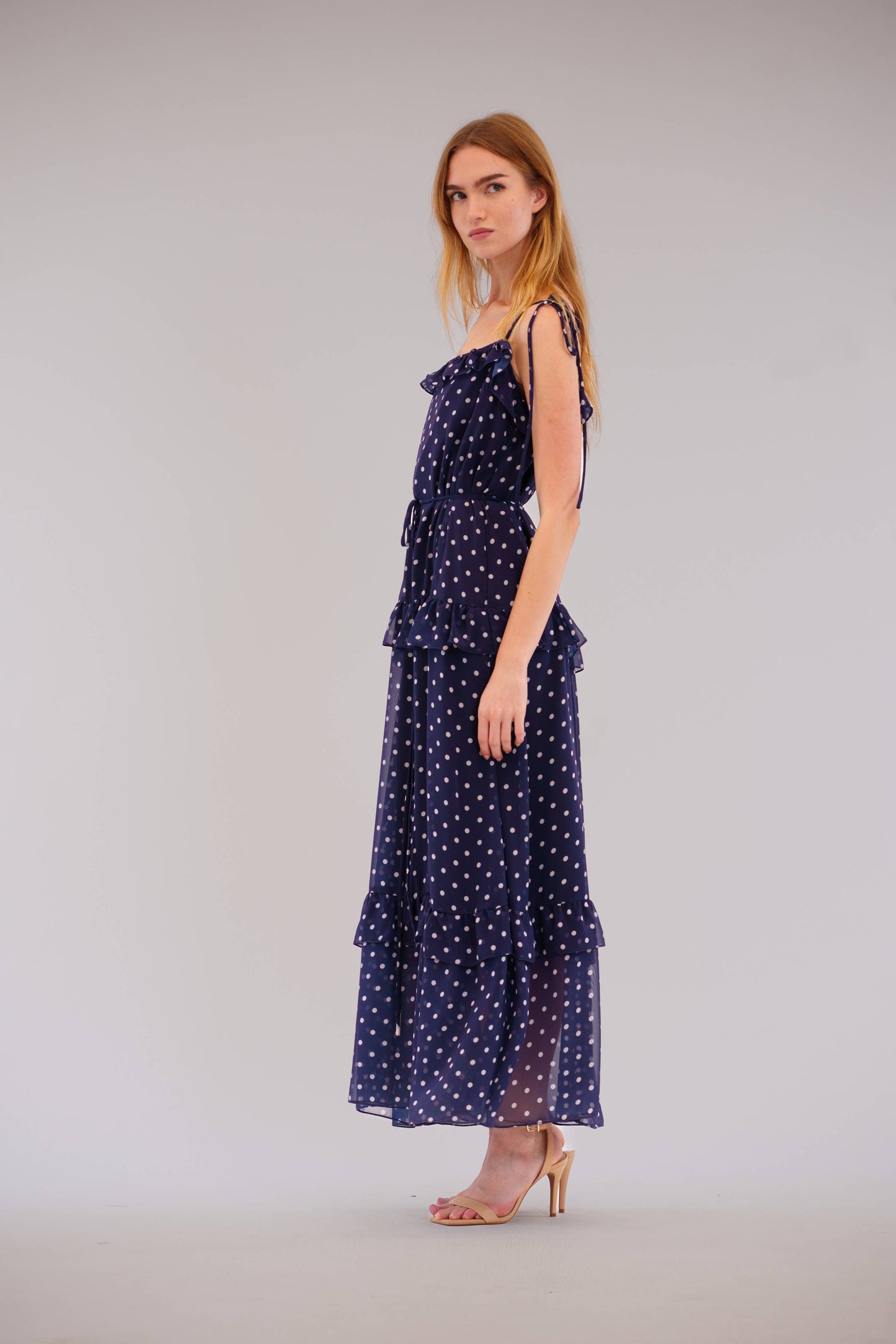 Julia Jordan - TIE SHOULDER SLEEVLESS RUFFLE MAXI DRESS: Navy white / M
