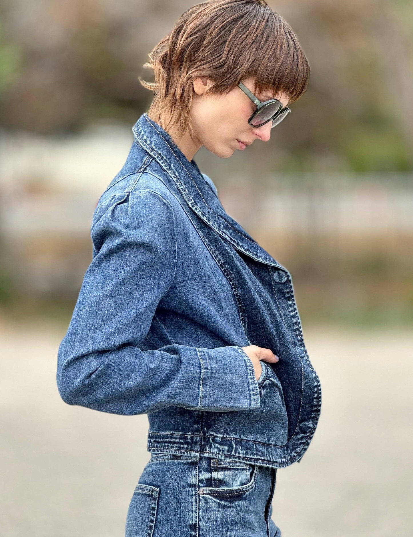 WASH LAB - Short Riding Denim Jacket: Anita Blue / L