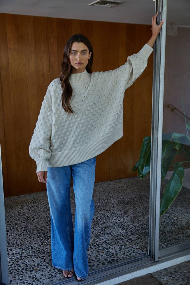 By Together - W2007 | Knit Sweater Popcorn Textured Mock Pullover: Cream / L