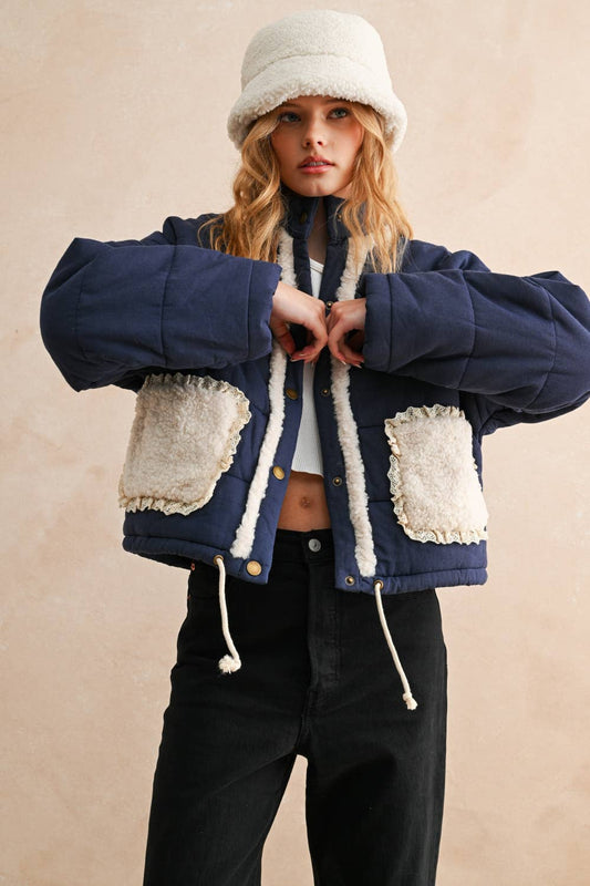 MIOU MUSE - J5142 SHERPA POCKET DETAIL QUILTED JACKET: DENIM BLUE / S