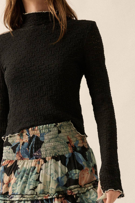 Promesa USA - Textured Floral Lace Cropped Mock Neck Top: Black / M