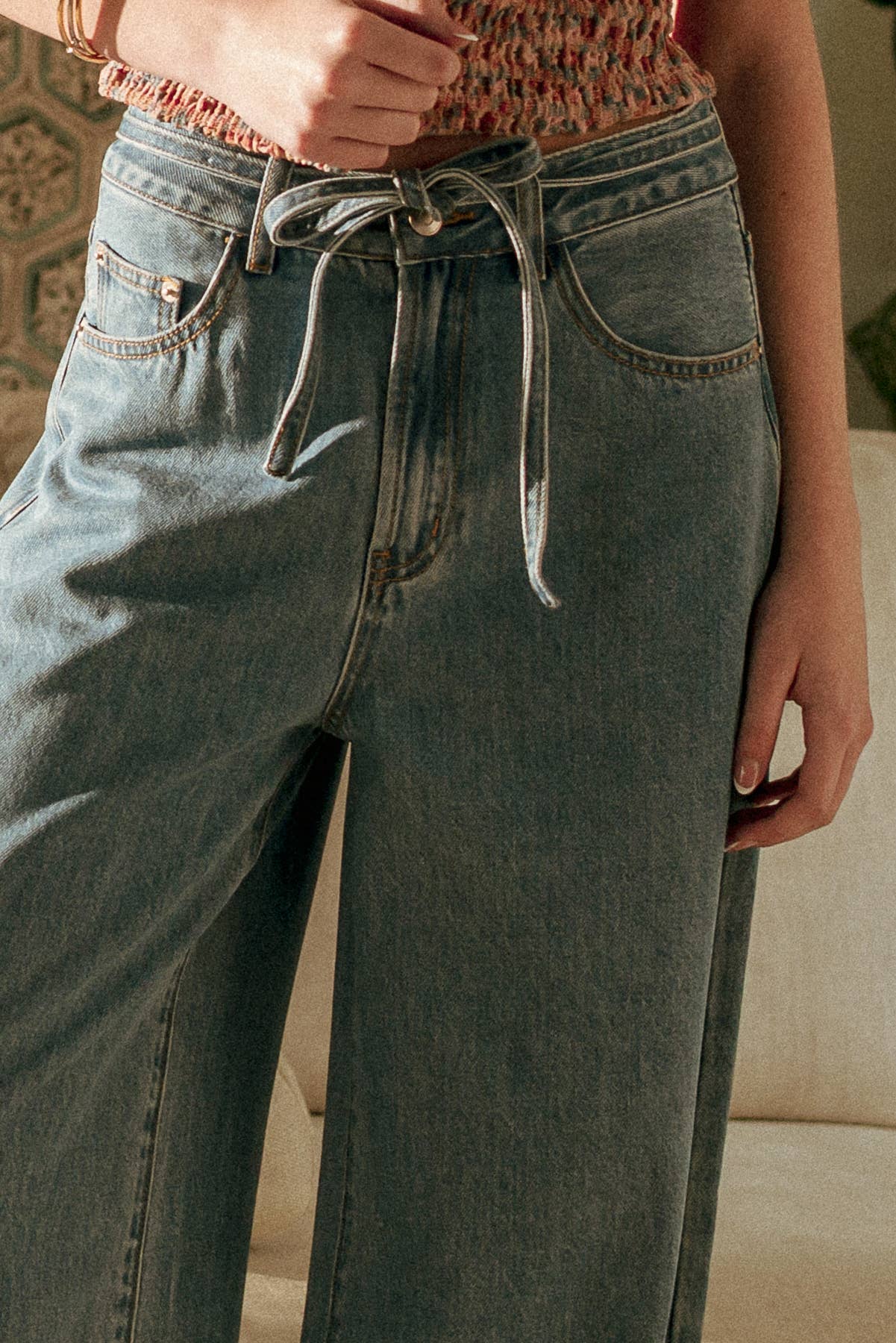 MIOU MUSE - P6402 WIDE LEG DENIM PANTS WITH SELF BELT: DENIM / S