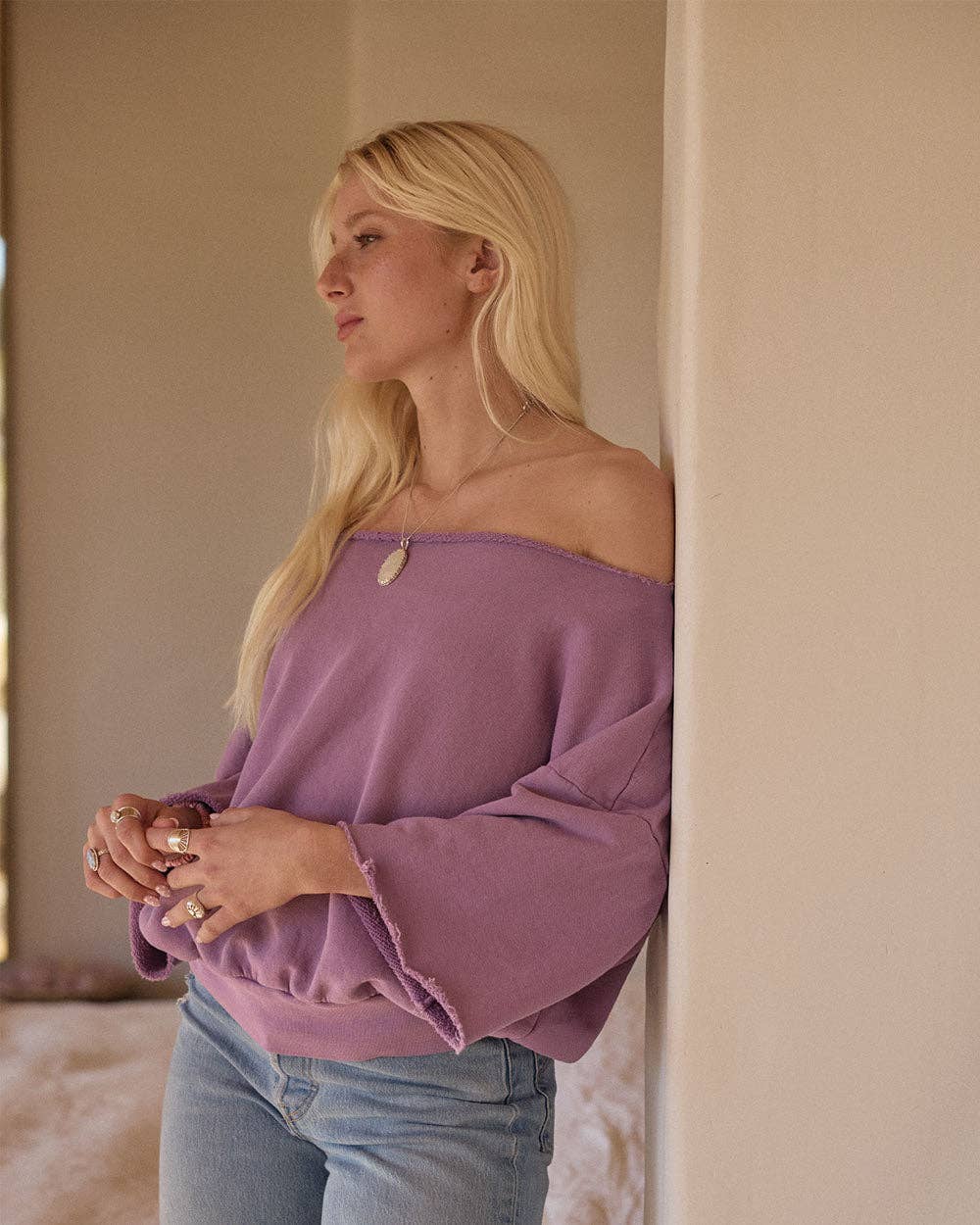 US Blanks - Off the Shoulder Boat Neck Raw Edge - Cotton Twill Fleece: Iris / S