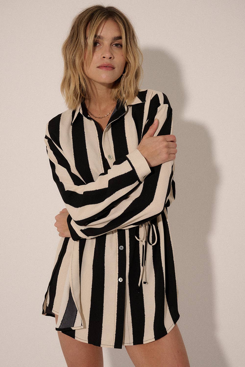 Promesa USA - Striped Collar Neck Button Front Yoke Back Romper: CREAM / S