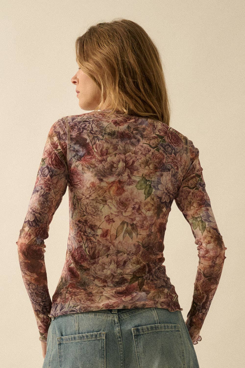 Promesa USA - Floral-Print Mesh Snap-Front Long-Sleeve Top: SAND / M