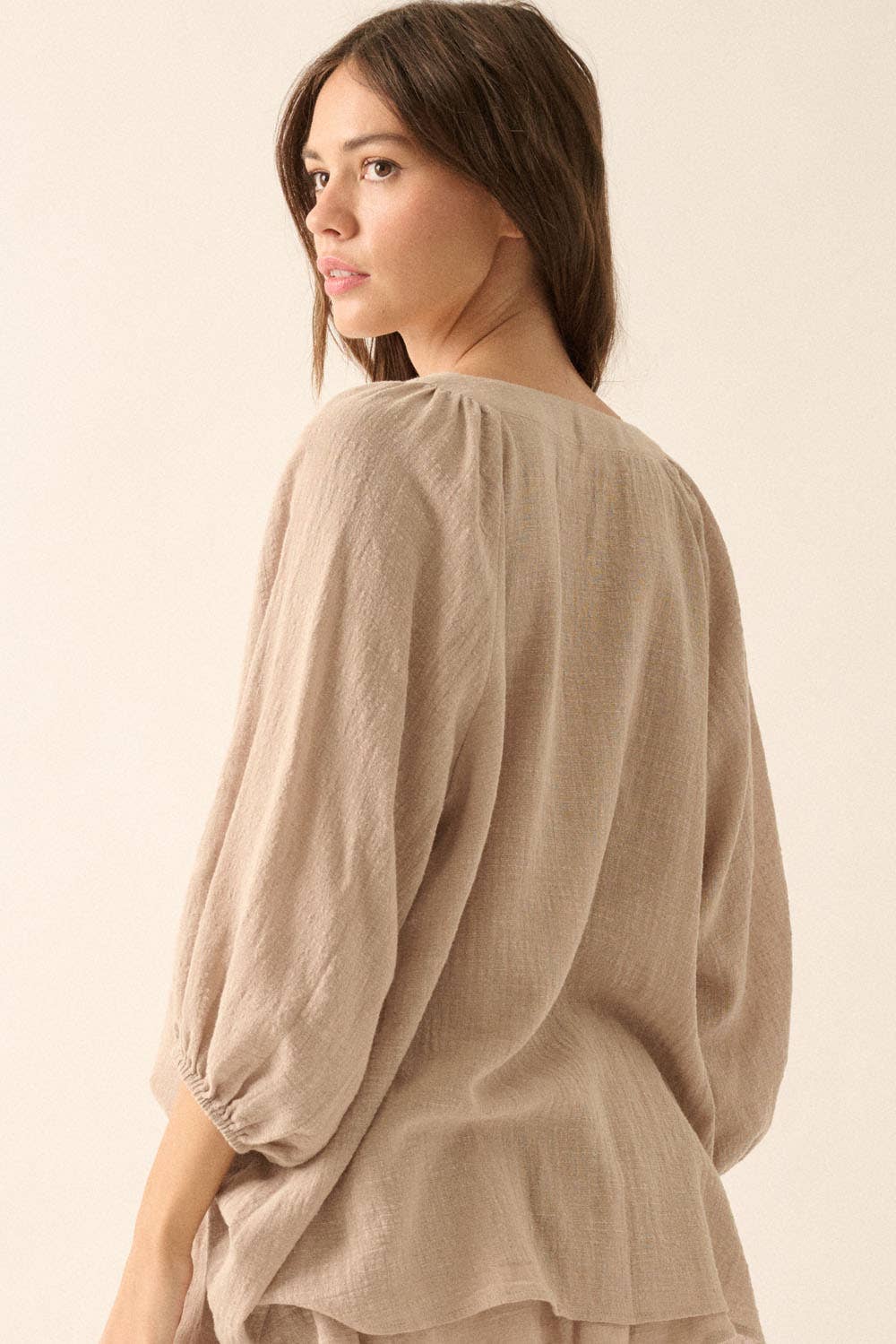 Promesa USA - Textured Button-Front Three Quarter-Sleeve Top: Off White / L