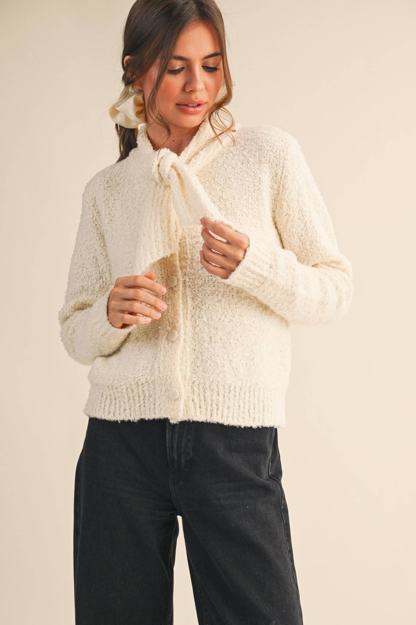 &MERCI - TYING NECK SWEATER CARDIGAN MSW11027: Black / S