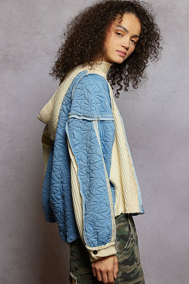 Pol Clothing - Long sleeve solid stitch edge quilted woven hoodie top: CHARCOAL / S