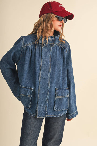 &MERCI - DENIM STAND COLLAR UTILITY JACKET MJK5157: DARK VINTAGE BLUE / L