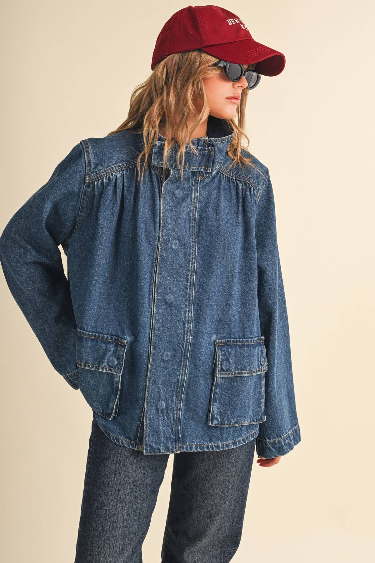 &MERCI - DENIM STAND COLLAR UTILITY JACKET MJK5157: DARK VINTAGE BLUE / M