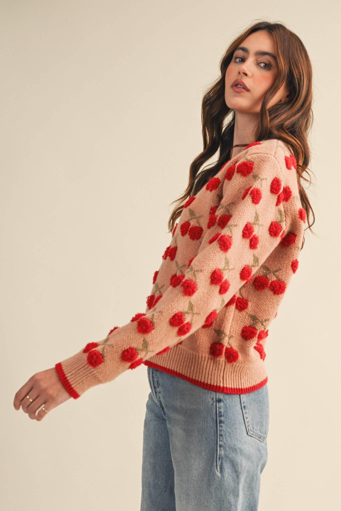 &MERCI - FUZZY CHERRY SWEATER MSW11122: Taupe Red Multi / S