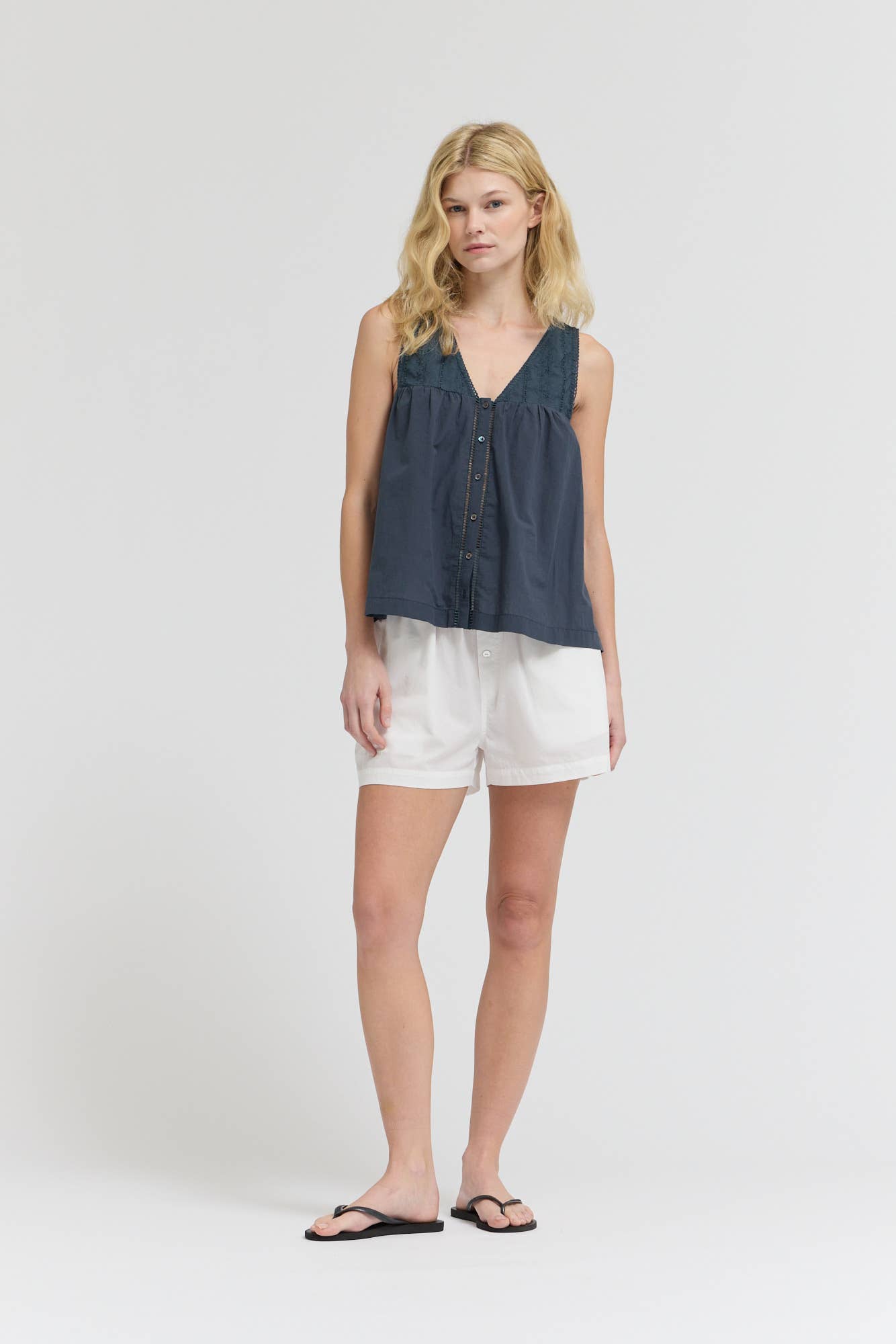 Grade & Gather - 42218 - V-NECK EYELET TANK: ATLANTIC / Contemporary / LARGE