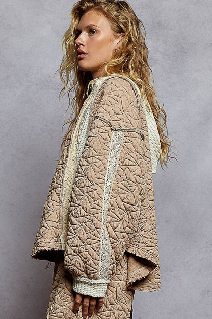 Pol Clothing - Long sleeve solid stitch edge quilted woven hoodie top: CHARCOAL / L