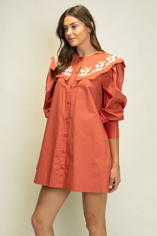 Heyson - JOD1227 Embroidered Collar Puff Sleeve Shirt Dress: PLUM / S-M-L (2-2-2)