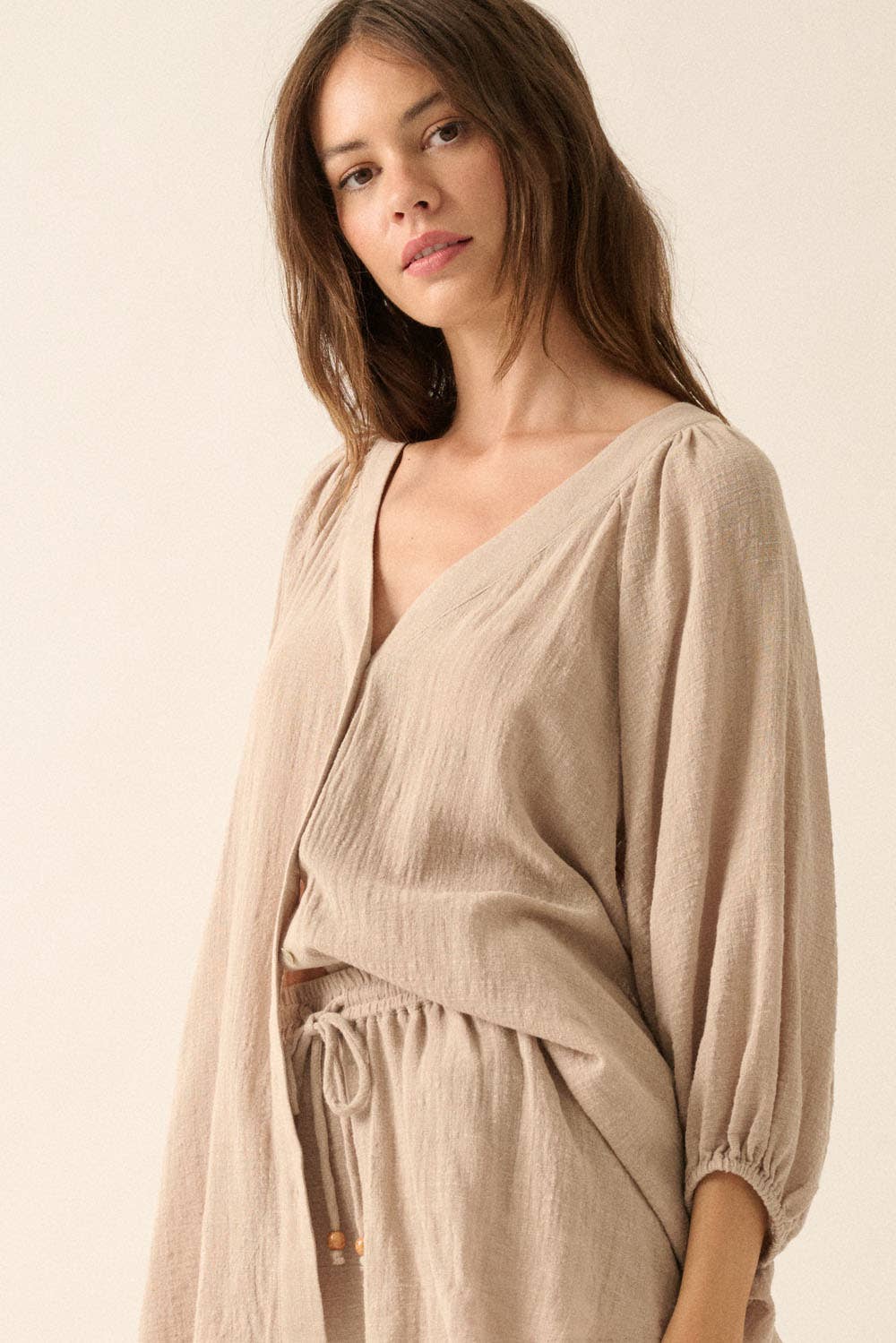 Promesa USA - Textured Button-Front Three Quarter-Sleeve Top: Off White / S