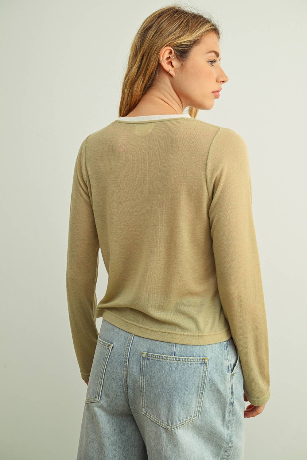 MIOU MUSE - ET7016   ESSENTIAL RINGER LONG SLEEVE TOP: CREAM/NAVY / S
