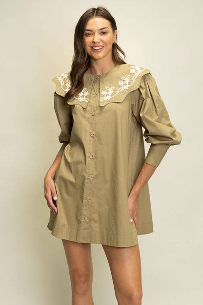 Heyson - JOD1227 Embroidered Collar Puff Sleeve Shirt Dress: PLUM / S-M-L (2-2-2)