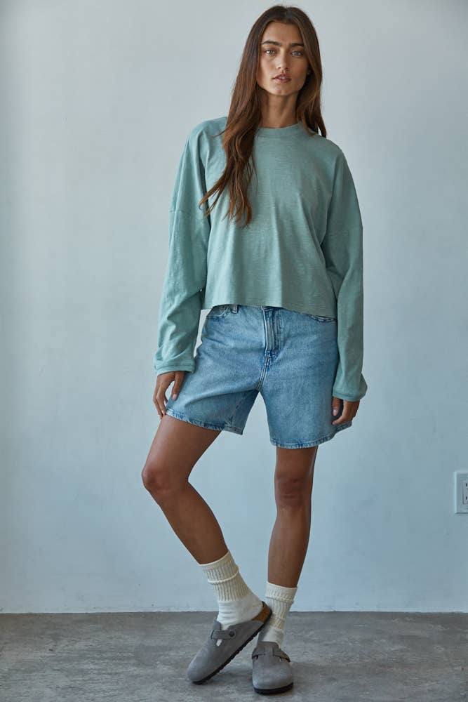 By Together - L8748 | Knit Cotton Mock Neck Long Wide Sleeve Top: Off White / M