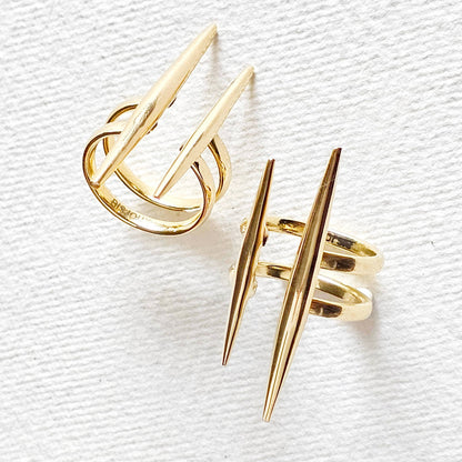 Bisjoux - Solid brass double spike needle adjustable ring handcrafted
