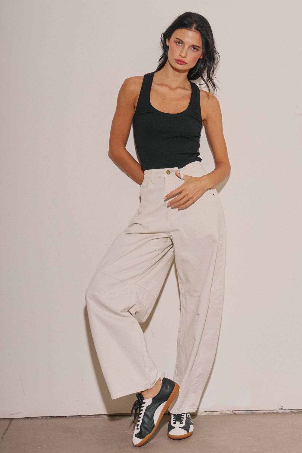 BEIGE BOTANY - A4108P-1 LADIES WOVEN COTTON WIDE LEG BARREL PANTS: Vintage Navy / S