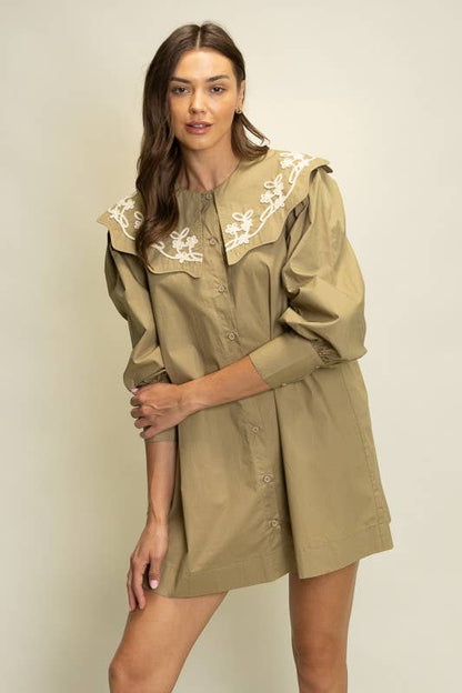 Heyson - JOD1227 Embroidered Collar Puff Sleeve Shirt Dress: PLUM / S-M-L (2-2-2)