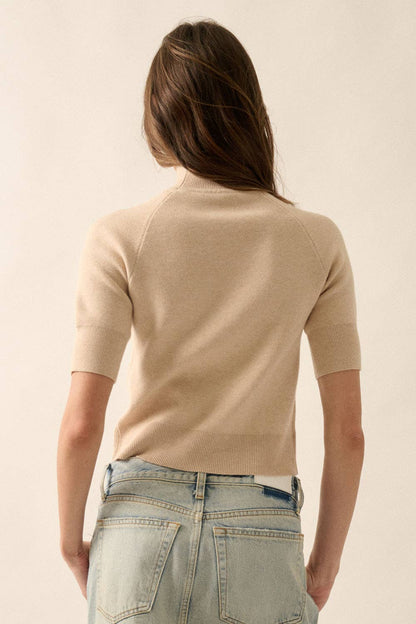 Promesa USA - Solid Knit Cropped Mock-Neck Short-Sleeve Sweater: Oatmeal / L