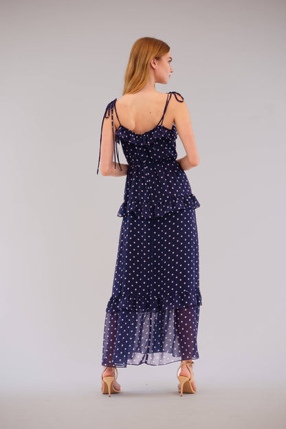 Julia Jordan - TIE SHOULDER SLEEVLESS RUFFLE MAXI DRESS: Navy white / S