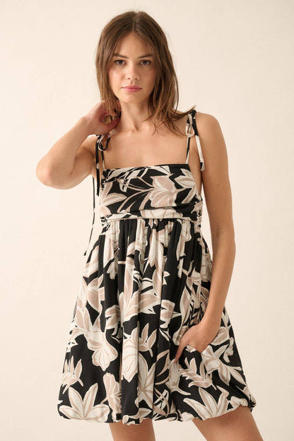 Promesa USA - Tropical Floral-Print Babydoll Bubble Mini Dress: BLACK / M