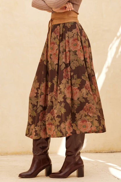 Promesa USA - Floral-Print Pleated Midi Circle Skirt: CHOCOLATE / M